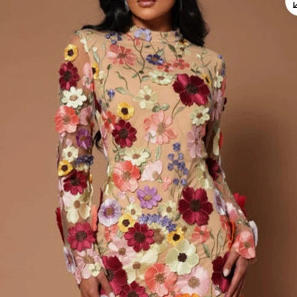Inspired by Taylor Swift's Floral Appliqué Grammy Dress! Boho Mini Fairycore SM - Picture 3 of 16